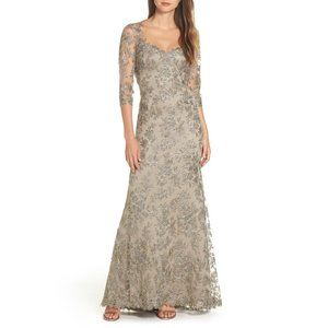 Tadashi Shoji Corded Embroidered Lace Gown in Grey Nwt New Long Formal Dress